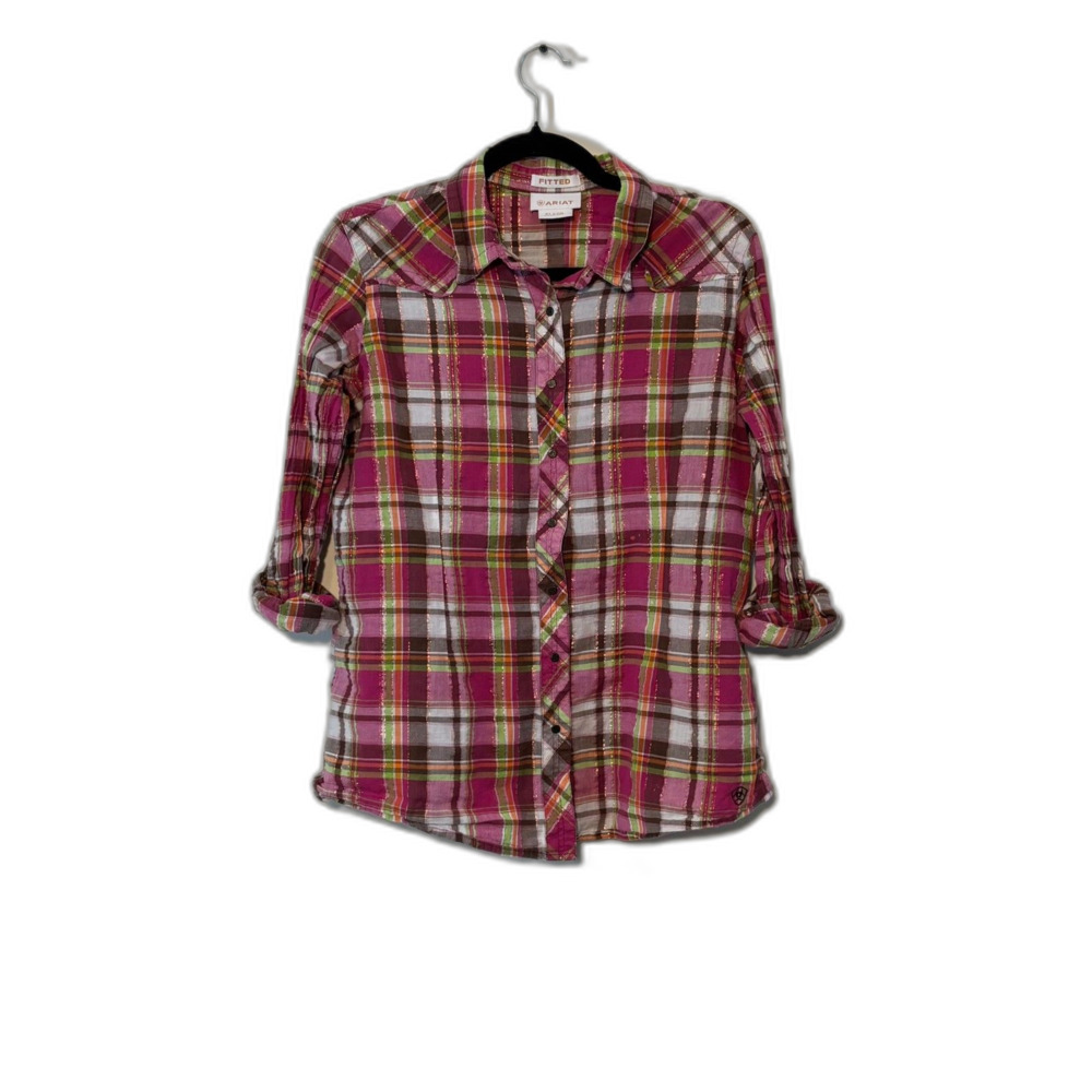 Ariat Fitted Western Plaid Shirt Metallic Threads Size XL